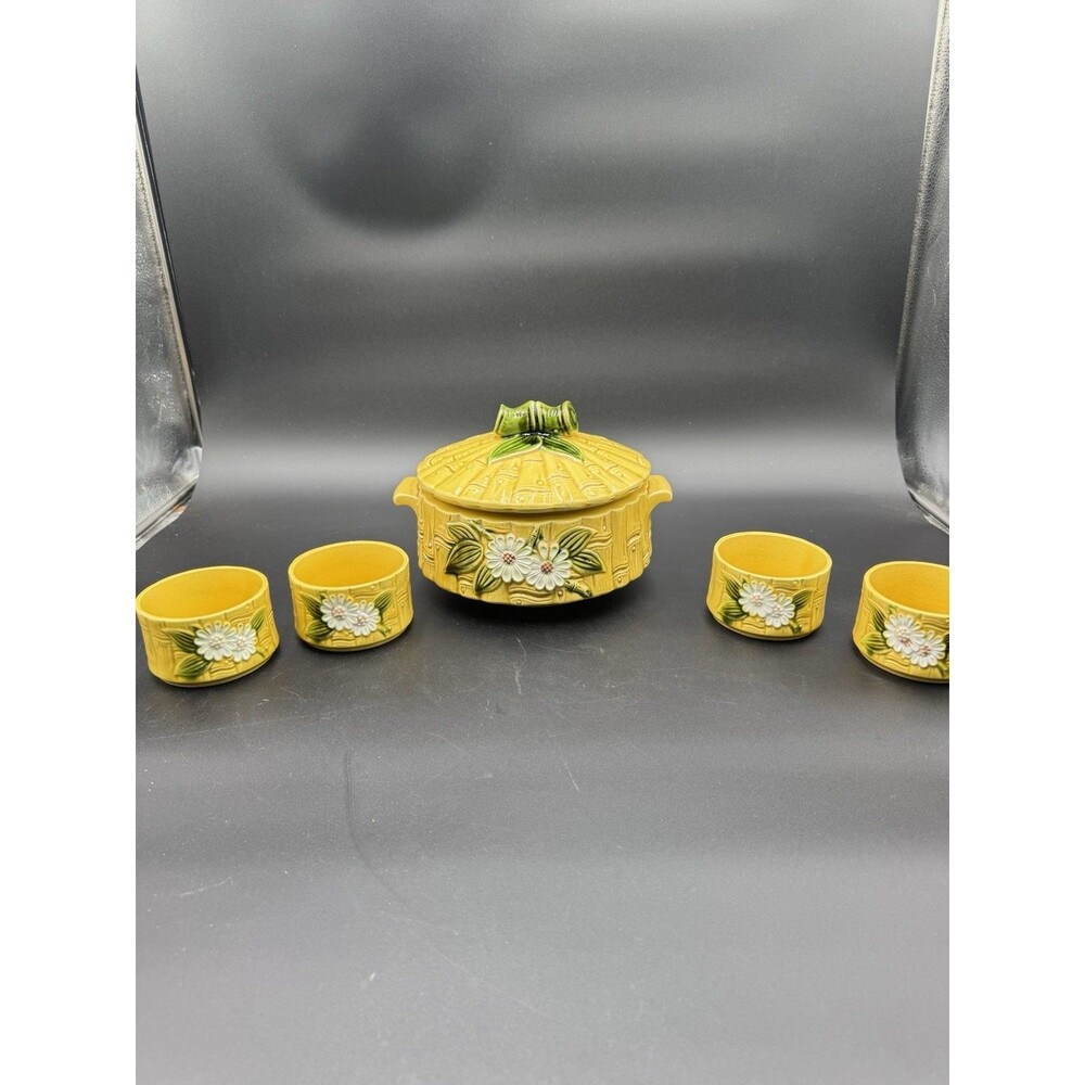 Vtg MCM Soup Tureen and 4 Soup Cup Bowls Yellow & Green Bamboo Daisy Design Japa